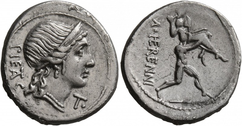 M. Herennius, 108-107 BC. Denarius (Silver, 19 mm, 3.75 g, 12 h), Rome. PIETAS D...
