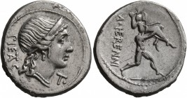 M. Herennius, 108-107 BC. Denarius (Silver, 19 mm, 3.75 g, 12 h), Rome. PIETAS Diademed head of Pietas to right. Rev. M HERENNI / D One of the Catanea...