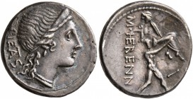 M. Herennius, 108-107 BC. Denarius (Silver, 18 mm, 3.89 g, 2 h), Rome. PIETAS Diademed head of Pietas to right. Rev. M•HERENNI - I One of the Catanean...