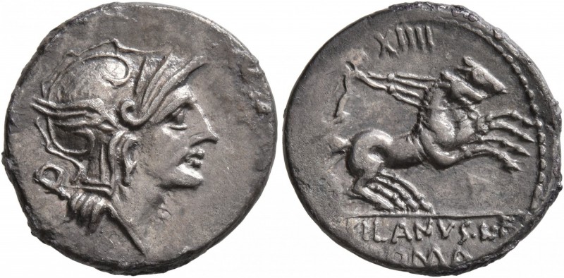 D. Silanus L.f, 91 BC. Denarius (Silver, 18 mm, 3.71 g, 1 h), Rome. Helmeted hea...