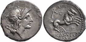 D. Silanus L.f, 91 BC. Denarius (Silver, 18 mm, 3.71 g, 1 h), Rome. Helmeted head of Roma to right; behind, P. Rev. D•SILANVS•L•F / ROMA / XIIII Victo...
