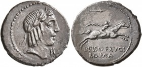 L. Calpurnius Piso Frugi, 90 BC. Denarius (Silver, 19 mm, 3.80 g, 6 h), Rome. Laureate head of Apollo to right; before, H. Rev. L•PISO FRVGI / ROMA Ho...
