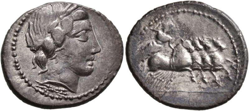Anonymous, 86 BC. Denarius (Silver, 22 mm, 4.14 g, 12 h), Rome. Laureate head of...