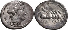 Anonymous, 86 BC. Denarius (Silver, 22 mm, 4.14 g, 12 h), Rome. Laureate head of Apollo to right; below neck truncation, thunderbolt. Rev. Jupiter in ...