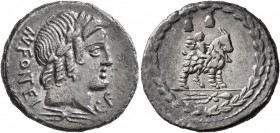 Mn. Fonteius C.f, 85 BC. Denarius (Silver, 20 mm, 3.67 g, 12 h), Rome. MN •FONTEI - C•F Laureate head of Apollo to right; below, thunderbolt. Rev. Cup...