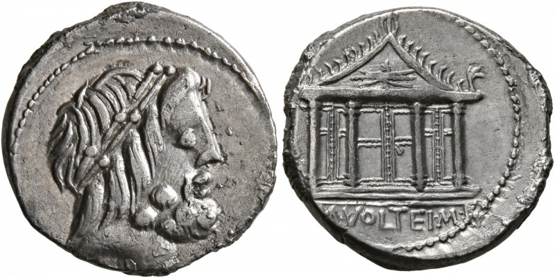 M. Volteius M.f, 78 BC. Denarius (Silver, 18 mm, 3.60 g, 10 h), Rome. Laureate h...