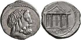 M. Volteius M.f, 78 BC. Denarius (Silver, 18 mm, 3.60 g, 10 h), Rome. Laureate head of Jupiter to right. Rev. M•VOLTEI•M•F Tetrastyle temple of Jupite...