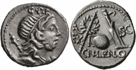 Cn. Cornelius Lentulus, 76-75 BC. Denarius (Silver, 19 mm, 3.97 g, 4 h), uncertain mint in Spain. G•P•R Diademed and draped bust of the Genius Populi ...