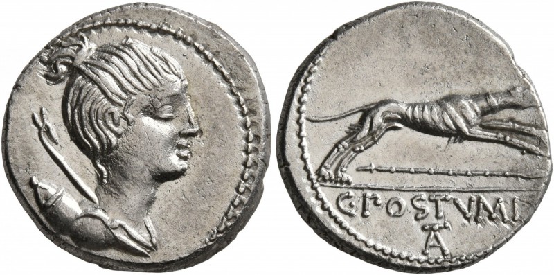 C. Postumius, 73 BC. Denarius (Silver, 17 mm, 3.64 g, 7 h), Rome. Draped bust of...