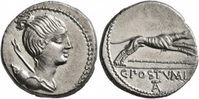 C. Postumius, 73 BC. Denarius (Silver, 17 mm, 3.64 g, 7 h), Rome. Draped bust of Diana to right, with bow and quiver over shoulder. Rev. C•POSTVMI / T...