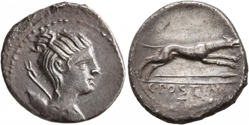 C. Postumius, 73 BC. Denarius (Silver, 19 mm, 3.56 g, 8 h), Rome. Draped bust of...