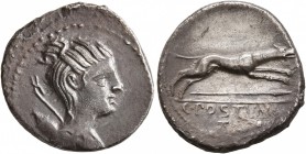C. Postumius, 73 BC. Denarius (Silver, 19 mm, 3.56 g, 8 h), Rome. Draped bust of Diana to right, with bow and quiver over shoulder. Rev. C•POSTVMI / T...