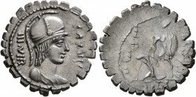 Mn. Aquillius Mn.f. Mn.n, 65 BC. Denarius (Silver, 20 mm, 3.65 g, 7 h), Rome. VIRTVS - III•VIR Helmeted and draped bust of Virtus to right. Rev. [MN A...