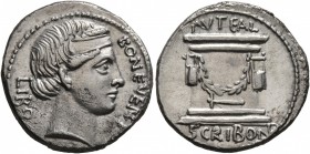 L. Scribonius Libo, 62 BC. Denarius (Silver, 19 mm, 3.83 g, 6 h), Rome. BON•EVENT - LIBO Diademed head of Bonus Eventus to right. Rev. PVTEAL - SCRIBO...
