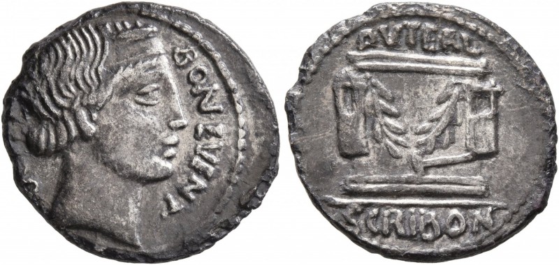 L. Scribonius Libo, 62 BC. Denarius (Silver, 19 mm, 3.81 g, 5 h), Rome. BON•EVEN...