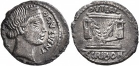 L. Scribonius Libo, 62 BC. Denarius (Silver, 19 mm, 3.81 g, 5 h), Rome. BON•EVENT - [LIB]O Diademed head of Bonus Eventus to right. Rev. PVTEAL - SCRI...