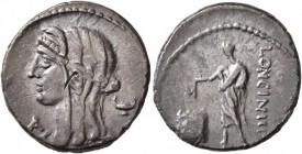 L. Cassius Longinus, 60 BC. Denarius (Silver, 19 mm, 3.83 g, 11 h), Rome. Veiled and diademed head of Vesta to left; to right, two-handled cup; to lef...