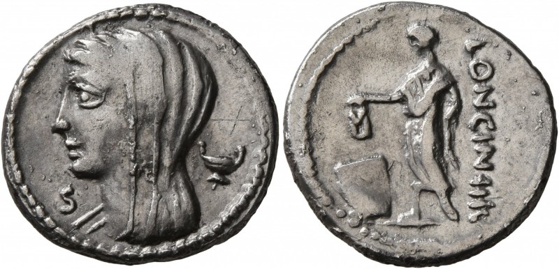 L. Cassius Longinus, 60 BC. Denarius (Silver, 20 mm, 3.75 g, 5 h), Rome. Veiled ...
