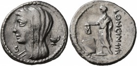 L. Cassius Longinus, 60 BC. Denarius (Silver, 20 mm, 3.75 g, 5 h), Rome. Veiled and diademed head of Vesta to left; to right, two-handled cup; to left...