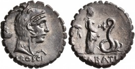 L. Roscius Fabatus, 59 BC. Denarius (Silver, 17 mm, 3.87 g, 6 h), Rome. L•ROSCI Head of Juno Sospita to right, wearing goat-skin headdres; behind, cul...