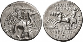 M. Aemilius Scaurus and Pub. Plautius Hypsaeus, 58 BC. Denarius (Silver, 18 mm, 3.54 g, 2 h), Rome. M•SCAVR / AED•CVR / S•C / REX•ARETAS Nabatean king...