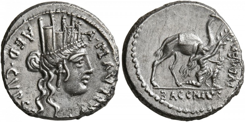 A. Plautius, 55 BC. Denarius (Silver, 17 mm, 3.99 g, 4 h), Rome. A•PLAVTIVS AED•...