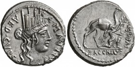 A. Plautius, 55 BC. Denarius (Silver, 17 mm, 3.99 g, 4 h), Rome. A•PLAVTIVS AED•CVR•S•C Turreted head of Cybele to right. Rev. IVDAEVS / BACCHIVS Male...