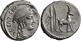 Cn. Plancius, 55 BC. Denarius (Silver, 18 mm, 3.84 g, 3 h), Rome. CN•[PLANCIVS] AED•CVR•S•C Female head to right, wearing causia. Rev. Cretan goat sta...