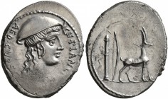 Cn. Plancius, 55 BC. Denarius (Silver, 21 mm, 3.59 g, 5 h), Rome. CN•PLANCI[VS] AED•CVR•S•C Female head to right, wearing causia. Rev. Cretan goat sta...