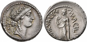 Man. Acilius Glabrio, 49 BC. Denarius (Silver, 18 mm, 3.80 g, 5 h), Rome. SALVTIS Laureate head of Salus to right. Rev. MN•ACILIV[S] III•VIR•VALE TV V...