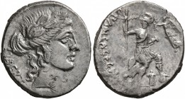C. Vibius C.f. C.n. Pansa Caetronianus, 48 BC. Denarius (Silver, 19 mm, 3.78 g, 12 h), Rome. LIBERTATIS Laureate head of Libertas to right. Rev. C•PAN...