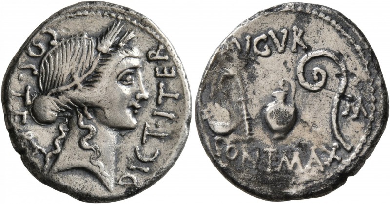 Julius Caesar, 49-44 BC. Denarius (Silver, 18 mm, 3.40 g, 12 h), mint in Sicily ...