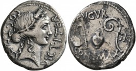 Julius Caesar, 49-44 BC. Denarius (Silver, 18 mm, 3.40 g, 12 h), mint in Sicily (?), 46 BC. COS•TERT DICT•ITER Head of Ceres to right, wearing wreath ...