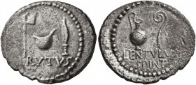 Brutus, † 42 BC. Denarius (Silver, 20 mm, 3.56 g, 12 h), with L. Cornelius Lentulus Spinther, military mint moving with the army of Brutus and Cassius...