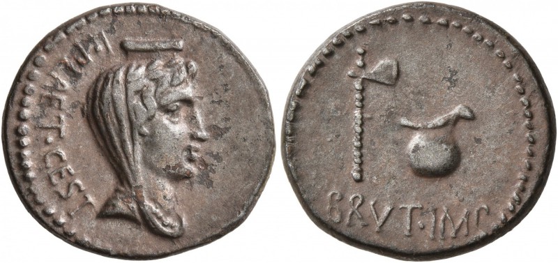 Brutus, † 42 BC. Denarius (Subaeratus, 18 mm, 3.36 g, 12 h), with L. Plaetorius ...