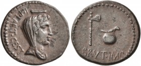Brutus, † 42 BC. Denarius (Subaeratus, 18 mm, 3.36 g, 12 h), with L. Plaetorius Cestianus, irregular mint, late summer-autumn 42 BC. L•PLAET•CEST Laur...