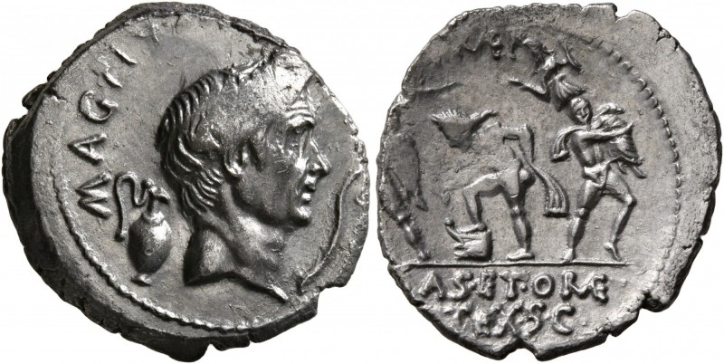 Sextus Pompey, † 35 BC. Denarius (Silver, 20 mm, 3.75 g, 1 h), military mint in ...
