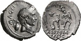 Sextus Pompey, † 35 BC. Denarius (Silver, 20 mm, 3.75 g, 1 h), military mint in Sicily, 37-36. MAG•PIV[S•IMP•ITER] Bare head of Cn. Pompeius Magnus to...