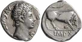 Augustus, 27 BC-AD 14. Denarius (Silver, 17 mm, 3.67 g, 7 h), Lugdunum, 15-13 BC. AVGVSTVS D[IVI•]F Bare head of Augustus to right. Rev. IMP[•]X Bull ...