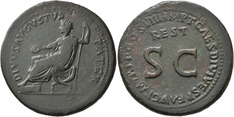 Divus Augustus, died 14 AD. Sestertius (Orichalcum, 35 mm, 24.46 g, 1 h), restit...