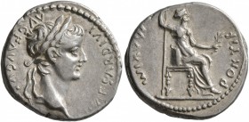 Tiberius, 14-37. Denarius (Silver, 18 mm, 3.74 g, 11 h), Lugdunum. TI CAESAR DIVI AVG F AVGVSTVS Laureate head of Tiberius to right. Rev. PONTIF MAXIM...