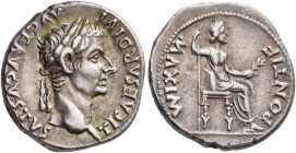 Tiberius, 14-37. Denarius (Silver, 18 mm, 3.80 g, 7 h), Lugdunum. TI CAESAR DIVI AVG F AVGVSTVS Laureate head of Tiberius to right. Rev. PONTIF MAXIM ...