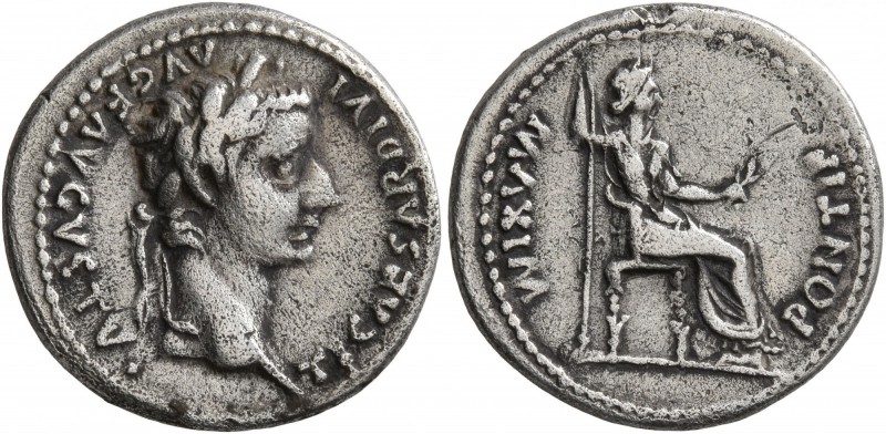 Tiberius, 14-37. Denarius (Silver, 19 mm, 3.63 g, 6 h), Lugdunum. TI CAESAR DIVI...