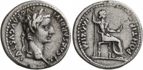 Tiberius, 14-37. Denarius (Silver, 19 mm, 3.63 g, 6 h), Lugdunum. TI CAESAR DIVI AVG F AVGVSTVS Laureate head of Tiberius to right. Rev. PONTIF MAXIM ...