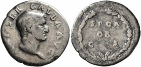 Galba, 68-69. Denarius (Silver, 18 mm, 2.98 g, 7 h), Rome. [IMP] SER GALBA AVG Bare head of Galba to right. Rev. SPQR / OB / C S in three lines in oak...