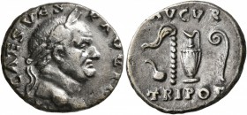 Vespasian, 69-79. Denarius (Silver, 17 mm, 2.70 g, 7 h), Rome, 71. IMP CAES VESP AVG P M Laureate head of Vespasian to right. Rev. AVGVR / TRI POT Sim...