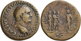 Vespasian, 69-79. Sestertius (Orichalcum, 32 mm, 25.83 g, 6 h), Rome, 71. IMP CAES VESPASIAN AVG P M TR P P P COS III Laureate head of Vespasian to ri...