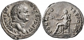 Vespasian, 69-79. Denarius (Silver, 19 mm, 3.11 g, 7 h), Rome, 75. IMP CAESAR VESPASIANVS AVG Laureate head of Vespasian to right. Rev. PON MAX TR P C...