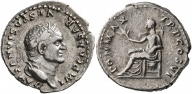 Vespasian, 69-79. Denarius (Silver, 19 mm, 3.44 g, 7 h), Rome, 75. IMP CAESAR VESPASIANVS AVG Laureate head of Vespasian to right. Rev. PON MAX TR P C...