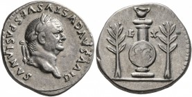 Divus Vespasian, died 79. Denarius (Silver, 18 mm, 3.28 g, 6 h), Rome, struck under Titus, 80-81. DIVVS AVGVSTVS VESPASIANVS Laureate head of Vespasia...
